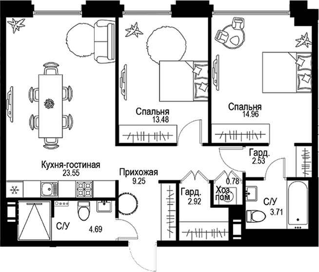 Планировка — ID Petrogradskaya, 3-комн., 76 м²