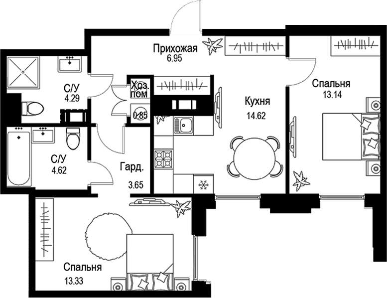Планировка — ID Petrogradskaya, 3-комн., 61 м²