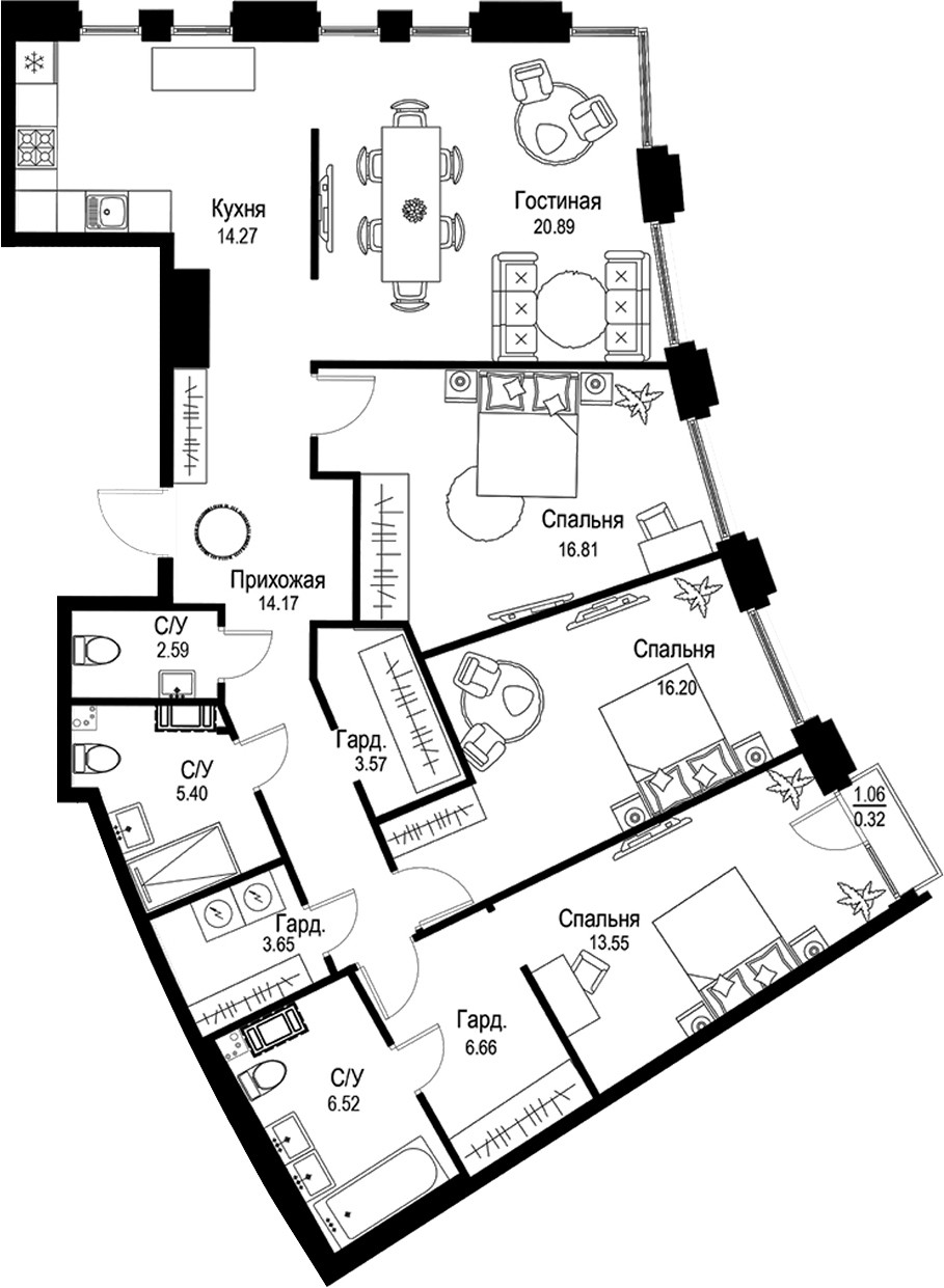 Планировка — ID Petrogradskaya, 4-комн., 124 м²