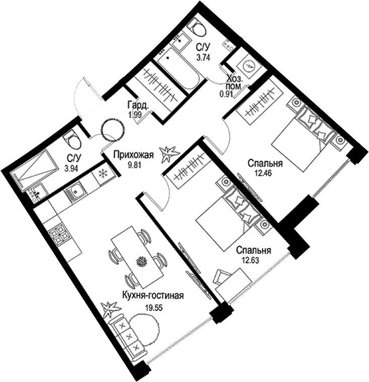 Планировка — ID Petrogradskaya, 3-комн., 65 м²