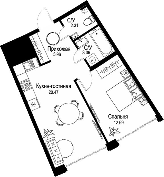 Планировка — ID Petrogradskaya, 2-комн., 42 м²