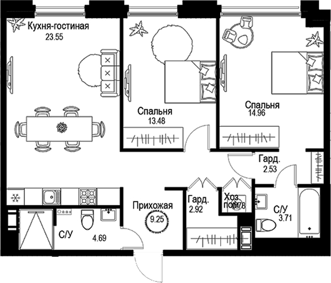 Планировка — ID Petrogradskaya, 3-комн., 76 м²
