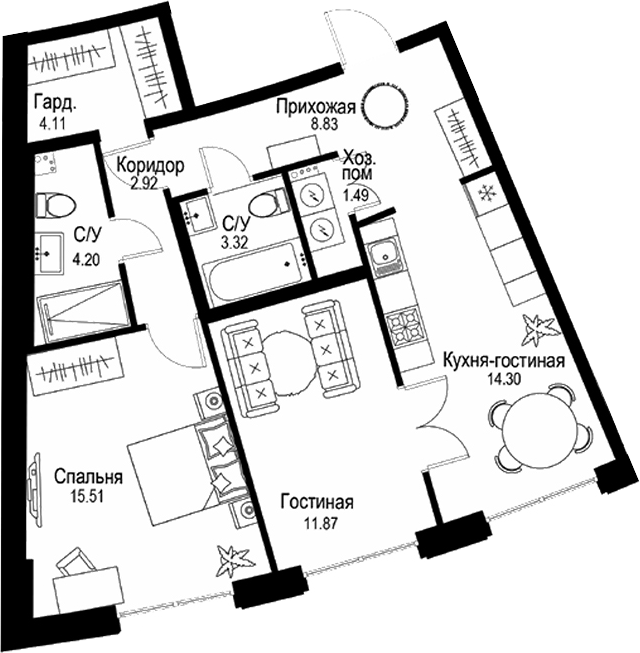 Планировка — ID Petrogradskaya, 2-комн., 67 м²