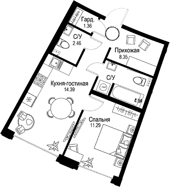 Планировка — ID Petrogradskaya, 2-комн., 43 м²