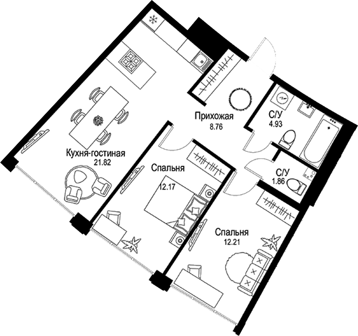 Планировка — ID Petrogradskaya, 3-комн., 62 м²
