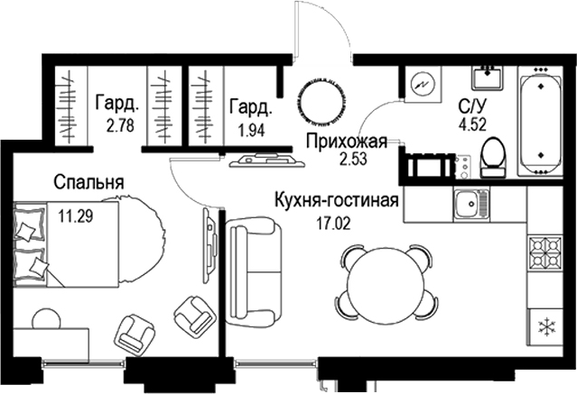 Планировка — ID Petrogradskaya, 2-комн., 40 м²
