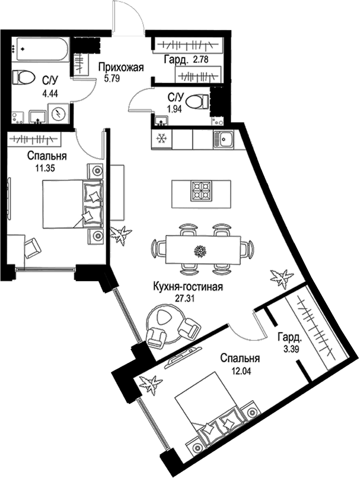 Планировка — ID Petrogradskaya, 3-комн., 69 м²