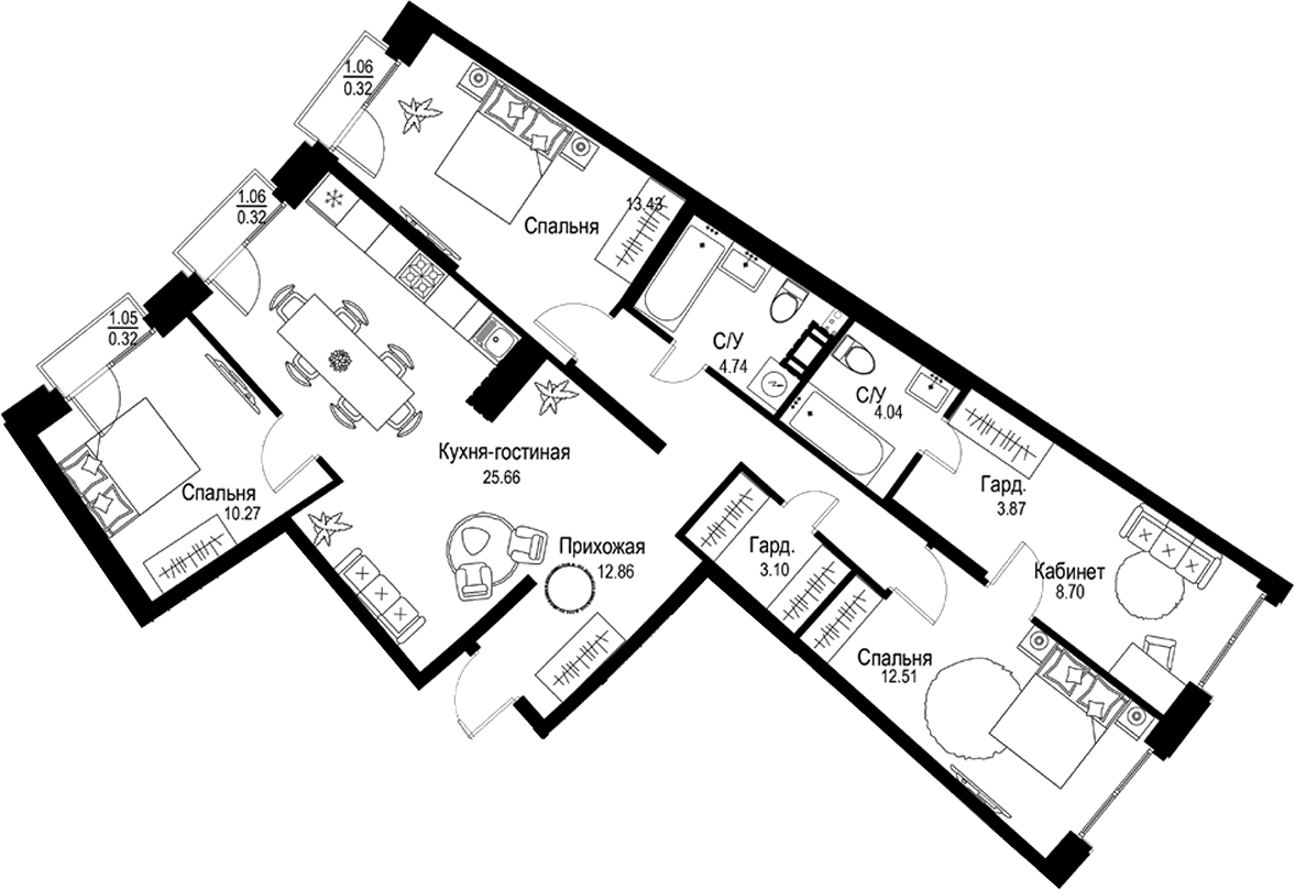 Планировка — ID Petrogradskaya, 5-комн., 99 м²