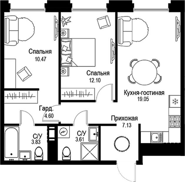 Планировка — ID Petrogradskaya, 3-комн., 61 м²