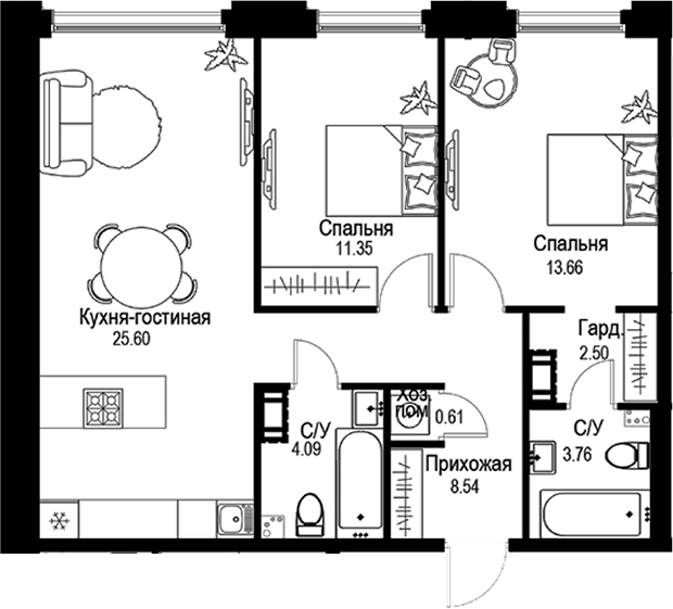Планировка — ID Petrogradskaya, 3-комн., 70 м²