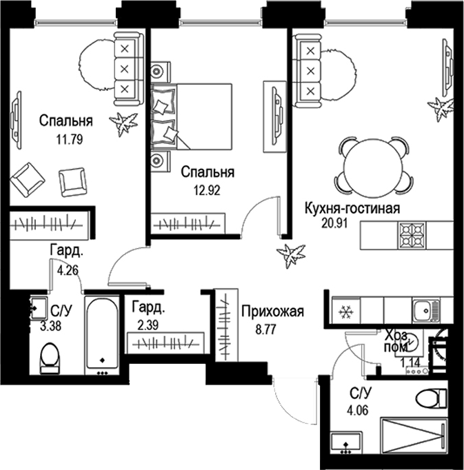 Планировка — ID Petrogradskaya, 3-комн., 70 м²
