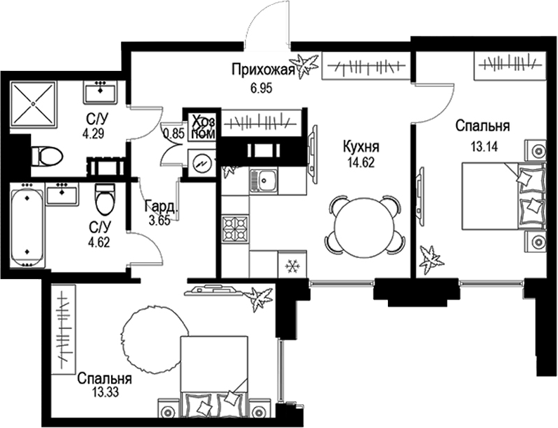 Планировка — ID Petrogradskaya, 3-комн., 61 м²