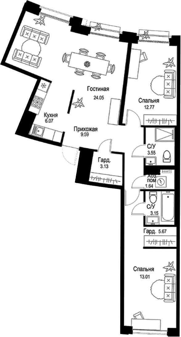 Планировка — ID Petrogradskaya, 3-комн., 83 м²