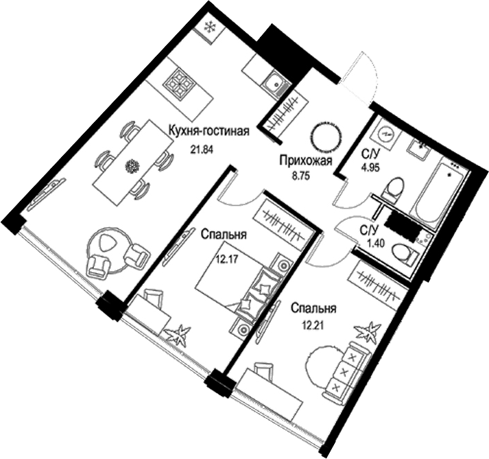 Планировка — ID Petrogradskaya, 3-комн., 61 м²