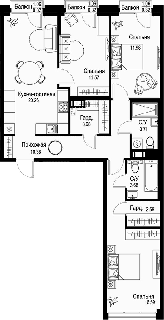 Планировка — ID Petrogradskaya, 3-комн., 84 м²