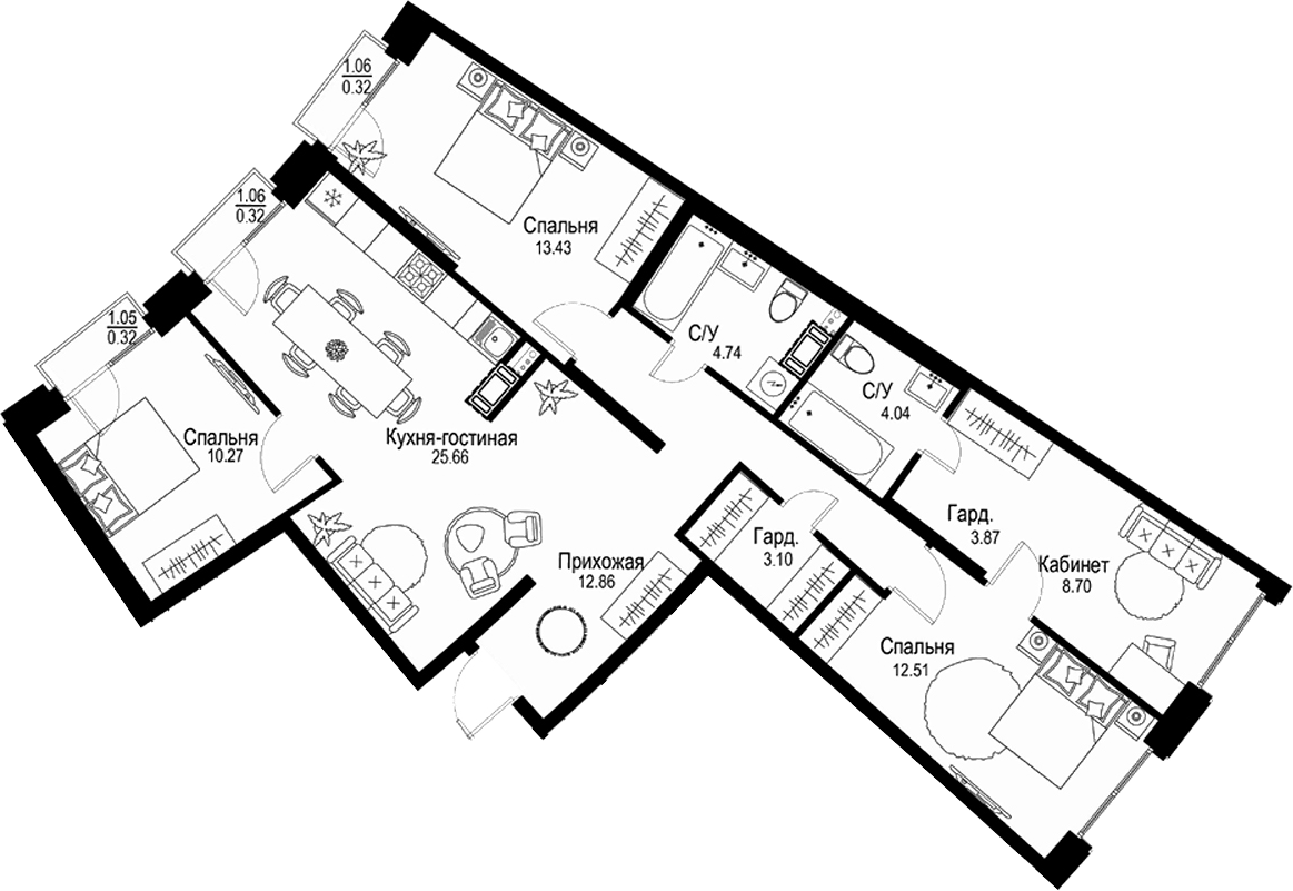 Планировка — ID Petrogradskaya, 5-комн., 99 м²