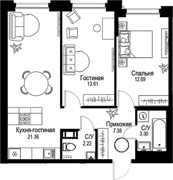 Планировка — ID Petrogradskaya, 2-комн., 61 м²