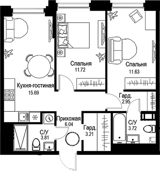 Планировка — ID Petrogradskaya, 2-комн., 59 м²