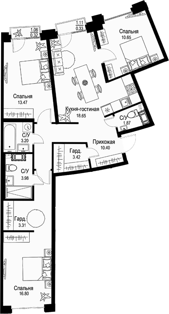 Планировка — ID Petrogradskaya, 4-комн., 86 м²