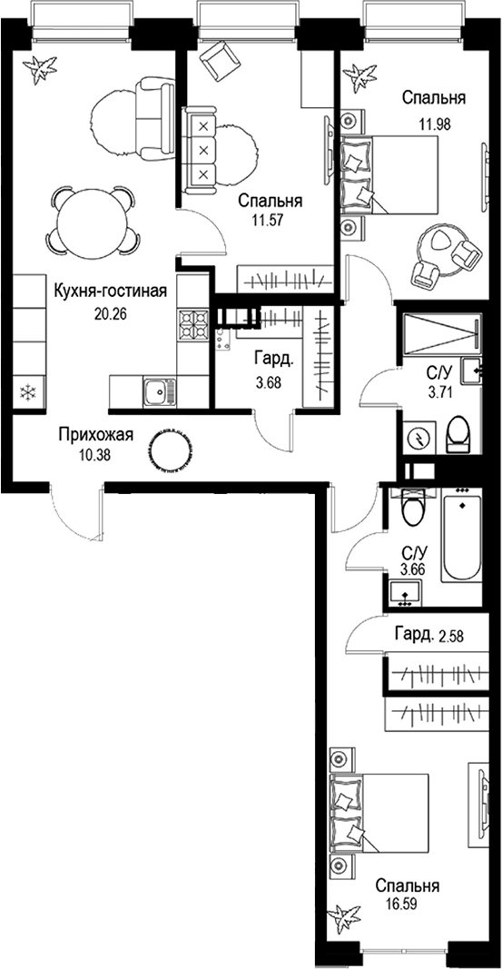 Планировка — ID Petrogradskaya, 3-комн., 84 м²