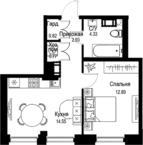 Планировка — ID Petrogradskaya, 1-комн., 36 м²