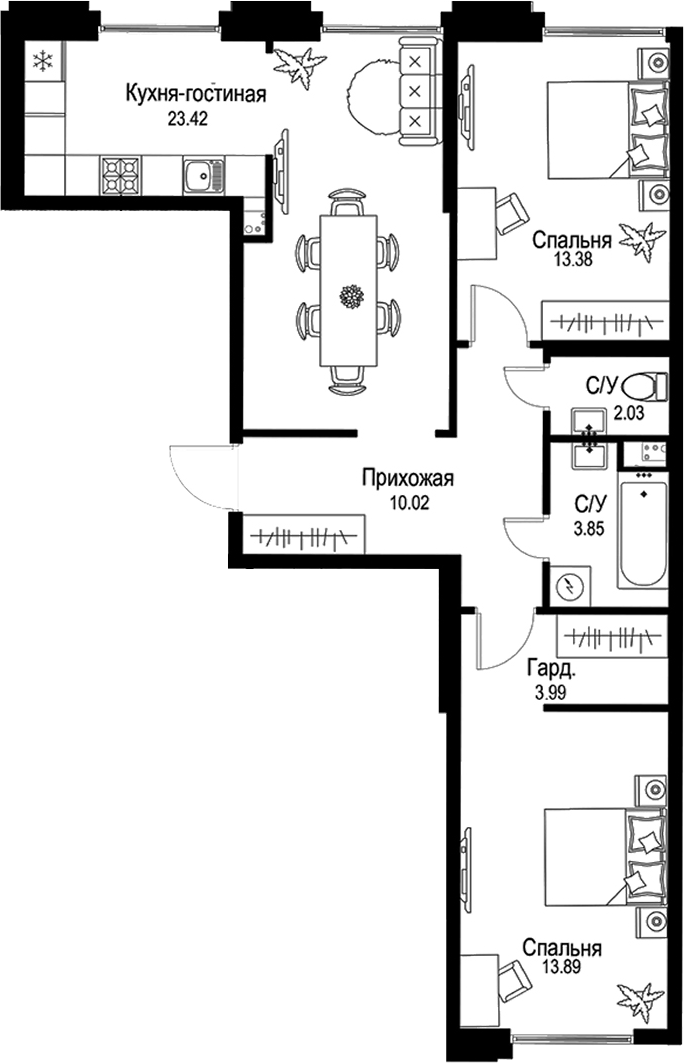 Планировка — ID Petrogradskaya, 3-комн., 71 м²