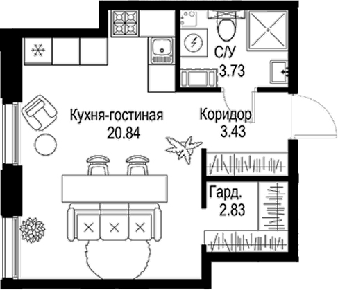 Планировка — ID Petrogradskaya, Студия, 31 м²