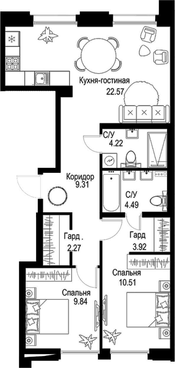 Планировка — ID Petrogradskaya, 3-комн., 67 м²