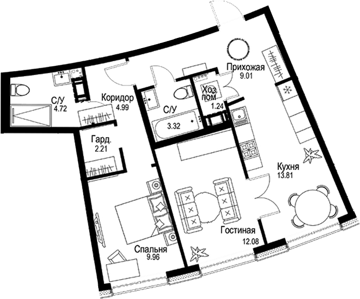 Планировка — ID Petrogradskaya, 3-комн., 61 м²