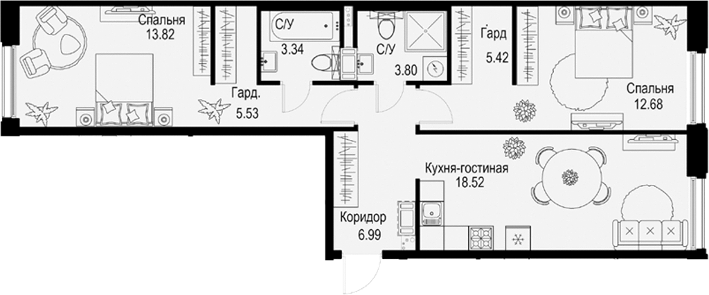 Планировка — ID Petrogradskaya, 3-комн., 70 м²