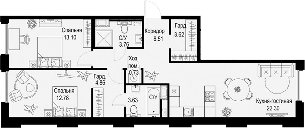 Планировка — ID Petrogradskaya, 3-комн., 73 м²