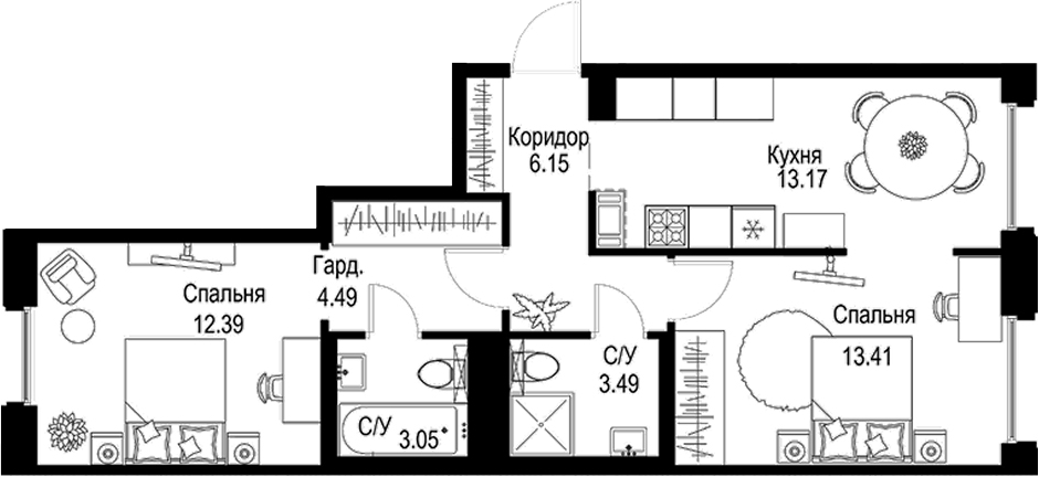 Планировка — ID Petrogradskaya, 2-комн., 56 м²