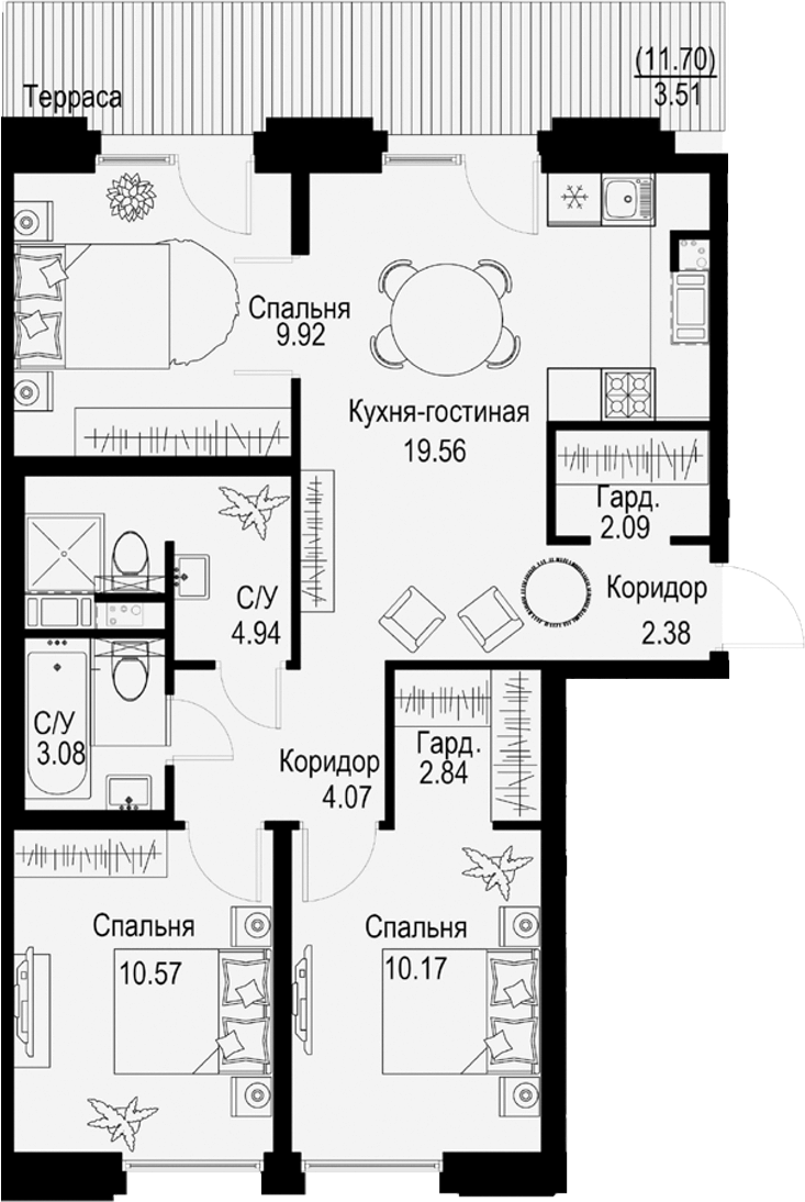 Планировка — ID Petrogradskaya, 4-комн., 70 м²