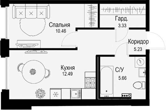 Планировка — ID Petrogradskaya, 2-комн., 37 м²