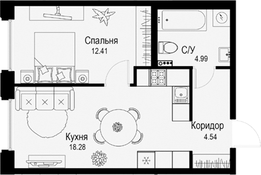 Планировка — ID Petrogradskaya, 2-комн., 40 м²