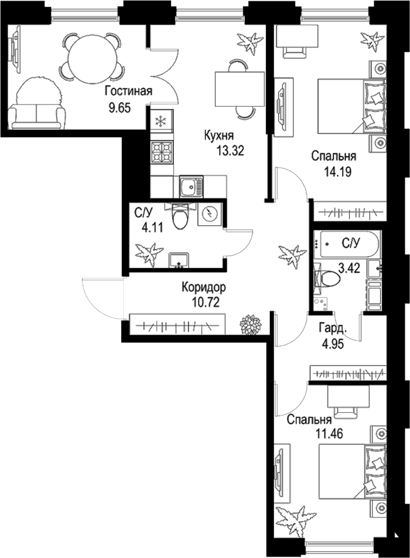 Планировка — ID Petrogradskaya, 3-комн., 72 м²