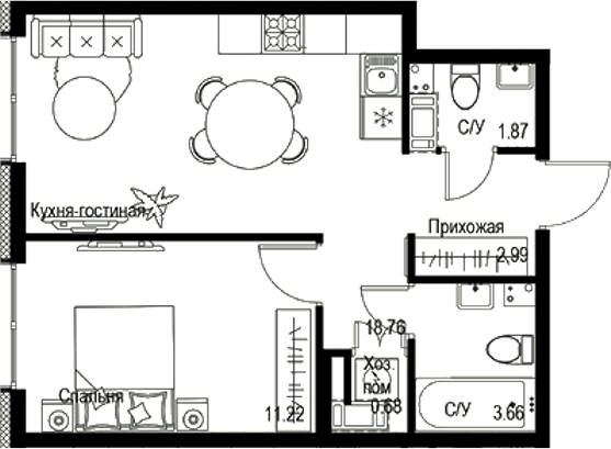 Планировка — ID Petrogradskaya, 2-комн., 39 м²
