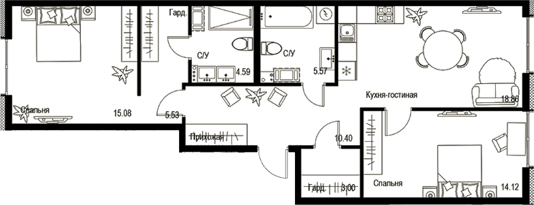 Планировка — ID Petrogradskaya, 3-комн., 77 м²