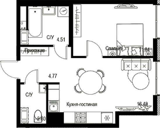 Планировка — ID Petrogradskaya, 2-комн., 40 м²