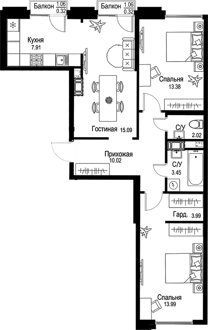 Планировка — ID Petrogradskaya, 3-комн., 70 м²