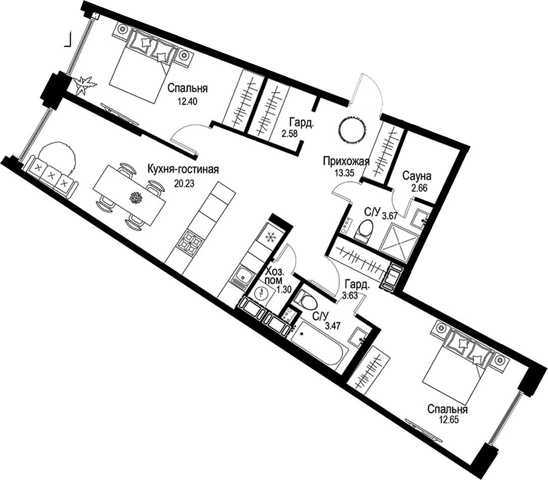 Планировка — ID Petrogradskaya, 3-комн., 76 м²