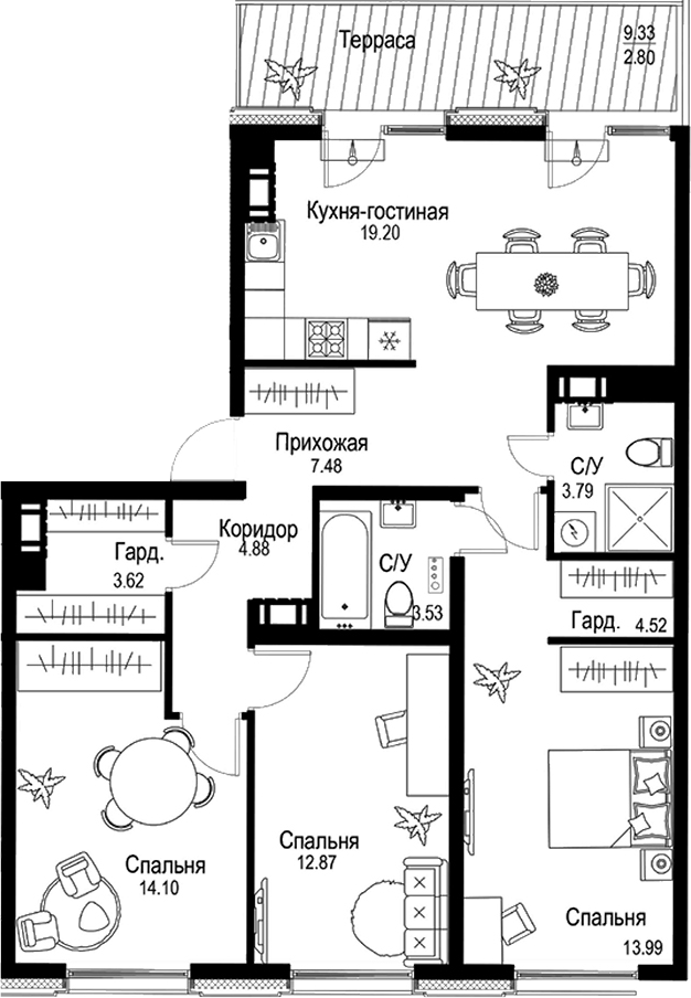 Планировка — ID Petrogradskaya, 4-комн., 88 м²