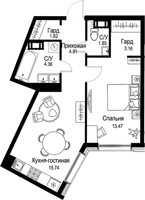 Планировка — ID Petrogradskaya, 2-комн., 45 м²