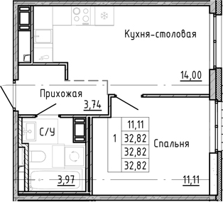 Планировка — OKLA, 1-комн., 33 м²