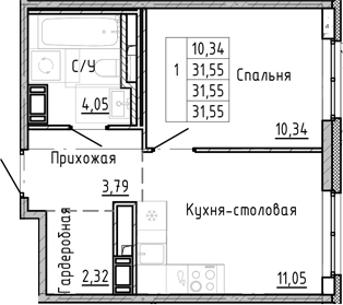 Планировка — OKLA, 1-комн., 32 м²