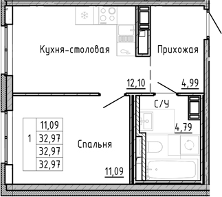 Планировка — OKLA, 2-комн., 33 м²