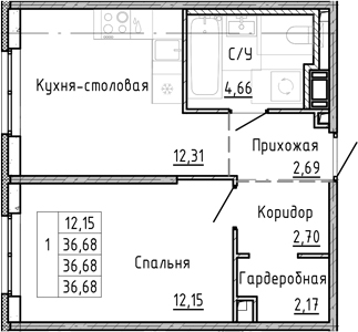 Планировка — OKLA, 1-комн., 37 м²