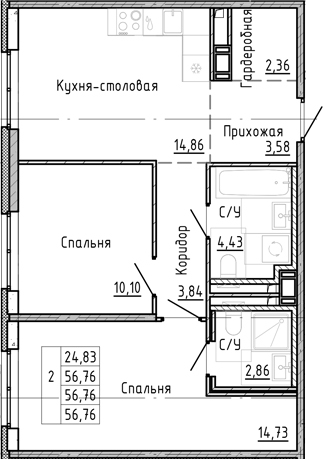 Планировка — OKLA, 2-комн., 57 м²