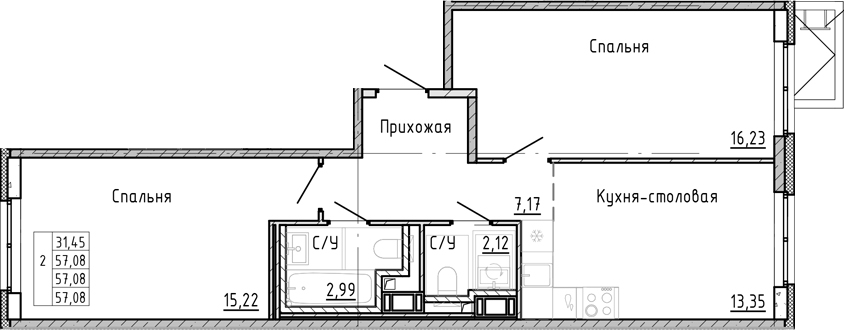 Планировка — OKLA, 2-комн., 57 м²