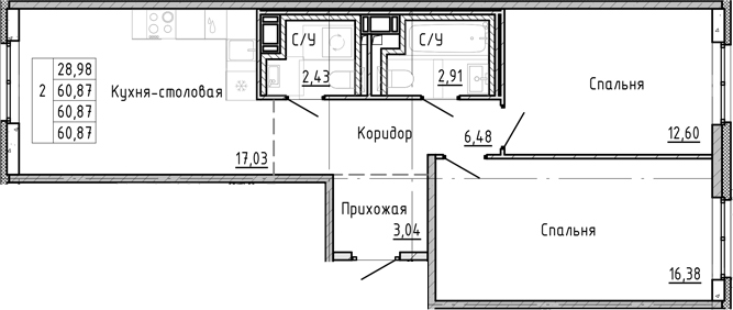Планировка — OKLA, 3-комн., 61 м²